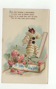 Vintage Postcard Happy New Year Pierrot Clown Pink Roses - Picture 1 of 2