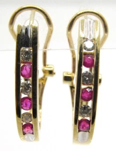 14K YELLOW GOLD RUBY & DIAMOND OMEGA BACK CHANNEL HALF HOOP EARRINGS ESTATE .585 - Picture 1 of 8