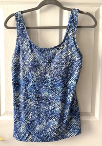 Women's L.L.Bean Blue Tankini Swim Top Built In Bra Lined Geometric Print - Picture 1 of 5