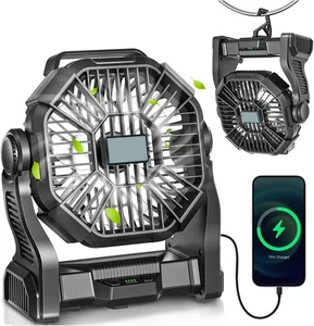 Portable Camping Fan, Rechargeable Battery Operated with LED Lights, Hanging Hoo - Picture 1 of 4