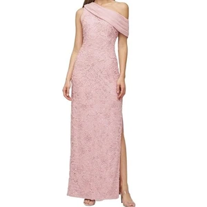 JS Collections Pink Elodie Neck Drape Gown 12 Chiffon Lace Slit Gala Event Lux - Picture 1 of 17