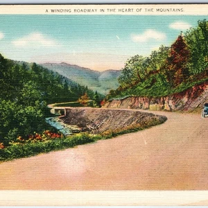 c1940s Pub Asheville NC Generic Winding Car Roadway Heart Mountain Linen PC A288 - Picture 1 of 3