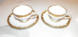 PAIR (2) WEIMAR KATHERINA WHITE & HEAVY GOLD TRIM DEMITASSE CUPS & SAUCERS - Picture 1 of 6