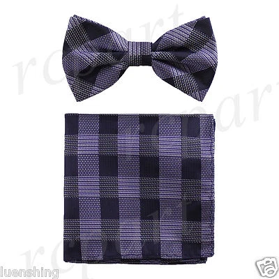 Nuevo Conjunto de Pajarita y Pañuelo Para Hombre a Cuadros y Cuadros Preatados Formal Fiesta Lavanda Foto 1 de 4