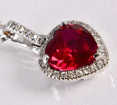 3Ct Heart Cut Lab created Red Ruby Women's Halo Pendant In 14k White Gold Plated - Image 1 of 4