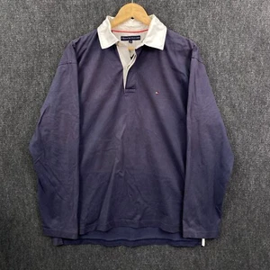 Tommy Hilfiger Mens Large Long Sleeve Rugby Polo Shirt Navy Logo 85 Faded - Picture 1 of 17