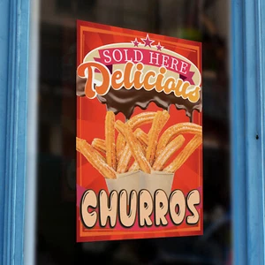 Köstliche Churros verkauft hier selbstklebend bedruckt Vinyl Fenster Wandaufkleber Schild Cafe - Bild 1 von 5