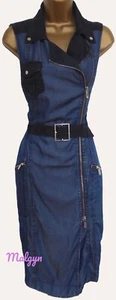 KAREN MILLEN ✩ TWO TONE DENIM ZIP BELTED COLLAR SAFARI STYLE SHIRT DRESS ✩ UK 8 - Picture 1 of 8
