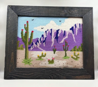 VTG Framed 13.25" X 10.5" Wall Art Picture Needlepoint SW Scene Cactus Mountains - Image 1 of 4