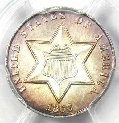 1866 Three Cent Silver Coin 3CS - Certified PCGS UNC Details (MS) - Rare Date! - Image 1 of 4
