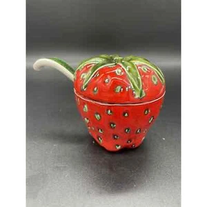  Red Strawberry Shaped Jam Container with Lid and Spoon Ceramic Vintage - Picture 1 of 9