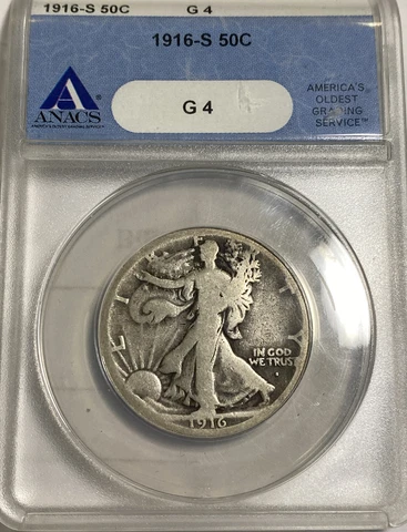 1916-S 50c Key Date  Walking Liberty Half Dollar ANACS G4 Item# 3999 Cover