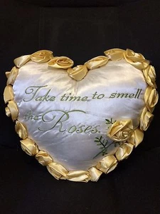 Yellow Rose Floral Embroidered Love Heart Accent Throw Decorative Pillow - Picture 1 of 1