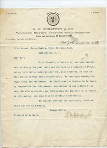 A.M. Scmeffey Co. Fahrrad Großhandel Brief, New York 1893 - Bild 1 von 2