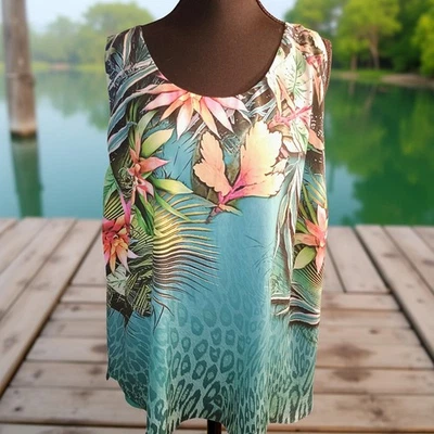  Blusa Chico's Talla 3 Tropical Estampado Leopardo Verde Turquesa Sin Mangas... Foto 1 de 4