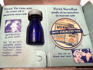Antique Patent Medicine Vicks VapoRub Sample Tin-Vick's Va-Tro-Nol bottle in Box - Picture 1 of 10