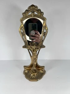 Supporto specchio in ottone fuso Art Nouveau con statuina dama altezza 11- 7/8" - Foto 1 di 15