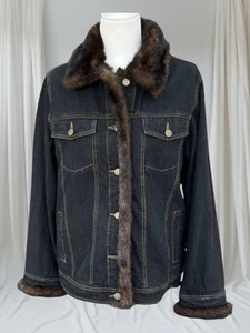 Dennis Basso Dark Wash Blue Denim Jean Jacket Fur Vest Women Plus Size 1X Coat - Picture 1 of 4