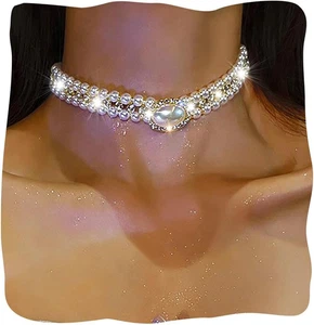 Gargantilla JEAIRTS Perla Collar Oro Brillante Estrás Gargantillas Bling Multi-Fila Cr - Imagen 1 de 12