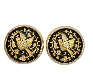 Round Vintage Damascene Bird Clip On Earrings - Picture 1 of 9