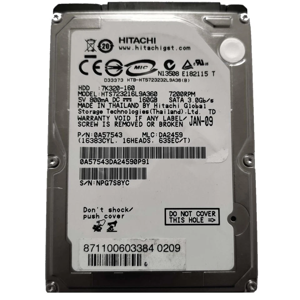 Disque Dur 160 Go Hitachi SATA 2,5" Interne Hts723216L9A360 Notebook Laptop Pc - Photo 1/1