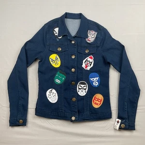 Rvainzs Jeans Lucha Libre Denim Jacket Large Mask Patch Streetwear Y2K - Picture 1 of 9
