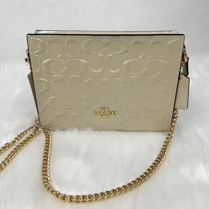 COACH Patent Leather Slim Crossbody CT869 Gold Chain Strap In Gold/Chalk NWT - Picture 1 of 8