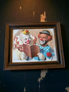 Vintage Creepy Clowns Clown Print In Wood Frame Faux Oil Painting Arthur Sarnoff - Picture 1 of 7