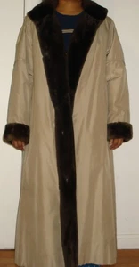 50" Long Raincoat Fabric and Sheared Beaver Lining Fur Coat Size 12-14 FREE SHIP - Picture 1 of 6