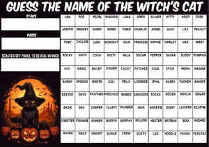 GUESS THE NAME OF WITCH'S CAT SCRATCHCARD A3 Halloween Party 100 Players Game - Picture 1 of 1