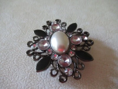 NWOT Beautiful Dark Metal Pin, Faux Pearl Center, Black Enamel, Clear Stones - Image 1 of 4
