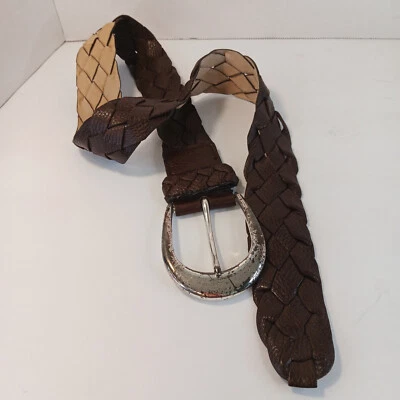 Michael Kors Leather Belt Women's Med 36"  Brown Woven 551642 Silver Buckle READ - Image 1 of 4