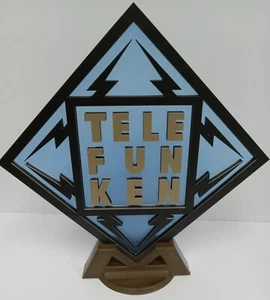 Stunning Telefunken Logo Display Sign & Wood Base Gold & Black on 'Glass' Blue - Picture 1 of 11