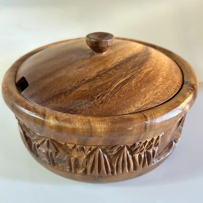 Monkey Pod Carved Wooden Yarn Bowl w/Lid Hole For Ladle Hawaiian African - Image 1 of 4