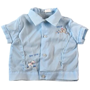 Vintage Baby Shirt Blue Meow Bow Wow Embroidered Kitten Dog Nylon 1950s 1960s NB - Picture 1 of 13