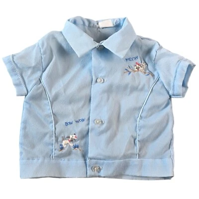 Vintage Baby Shirt Blue Meow Bow Wow Embroidered Kitten Dog Nylon 1950s 1960s NB - Image 1 of 4