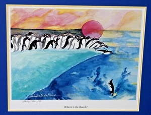 SIGNED BETSEY BURNHAM FOWLER WATERCOLOR PRINT Penguins"Where's The Beach" - Picture 1 of 8