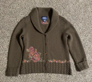 Eddie Bauer Brown Floral Embroidered 100% Lambs Wool cardigan sweater Women Sz-M - Picture 1 of 5