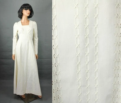 Hippie Wedding Gown S Vintage 70s Off White Ivory Long Sleeve Embroidered Dress - Image 1 of 4