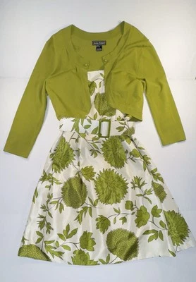 Vestido de fiesta vintage Jessica Howard talla 10 con cinturón suéter verde blanco a juego Foto 1 de 4