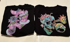 Rick & Morty Multicolored Skull Black Med T Shirt And XL Crop Top Shirt Lot - Picture 1 of 11