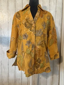 Harve Benard Leinenmischung Blumen Button Down Top Tunika Gr. L Gold Orange Schimmer - Bild 1 von 12