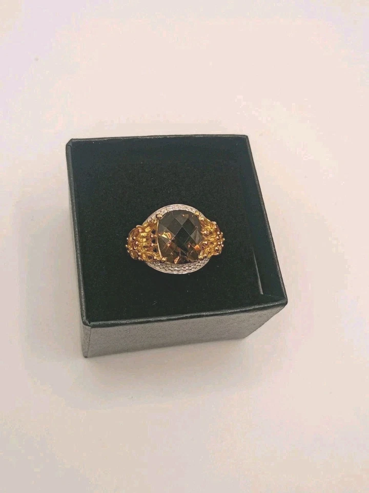 IMPRESIONANTE Anillo Vintage Citrino Y Topacio Oro 14K Sobre Latón Oro Talla 7 Estampado  Foto 1 de 4
