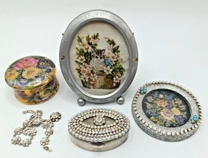 VINTAGE MINIATURE CAT & FLORAL EMBROIDERY FRAMED. DECORATED & CERAMIC PILL BOXES - Picture 1 of 14