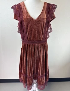 Nuevo con etiquetas Vestido Joyfilm Terciopelo Boho Pradera Hasta la Rodilla Borde de Encaje Rojo Quemado Para Mujer XL - Imagen 1 de 11