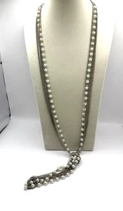 Silver Tone & White Faux Pearl Beaded Layered Necklace W/ Knot Pendant 46” - Picture 1 of 9