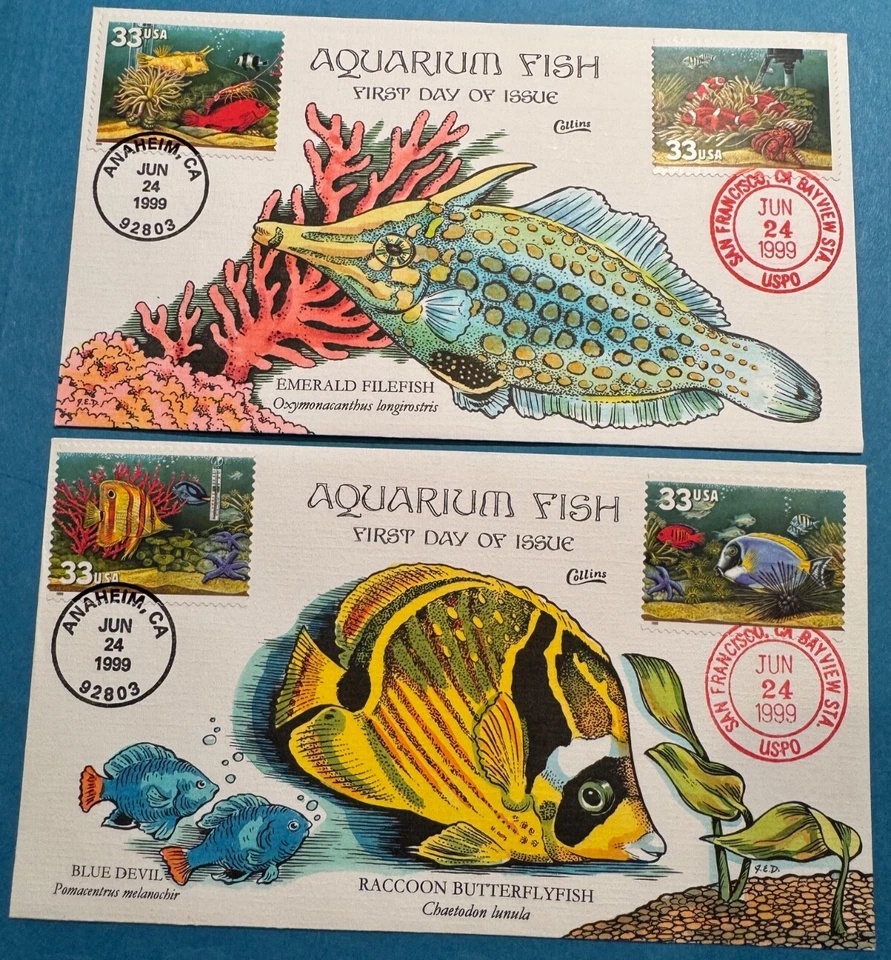 #3317-3320 AQUARIUM FISH set of 2  FDC's COLLINS  hand-painted PERFECT!!! - Image 1 of 3