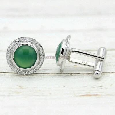Gemma Di Onice Verde Naturale Con Gemelli In Argento Sterling 925 #2412 - Immagine 1 di 4