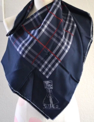 BURBERRYS SILK Scarf 30" Square Vintage Pre-90's NAVY CHECK Italy Hand-Rolled - Image 1 of 4