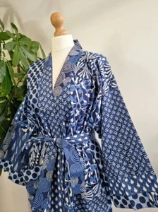 Indian Blue Patchwork Kimono Cotton Bath Robes Maxi Night Maxi Gown Dressing AU - Picture 1 of 5